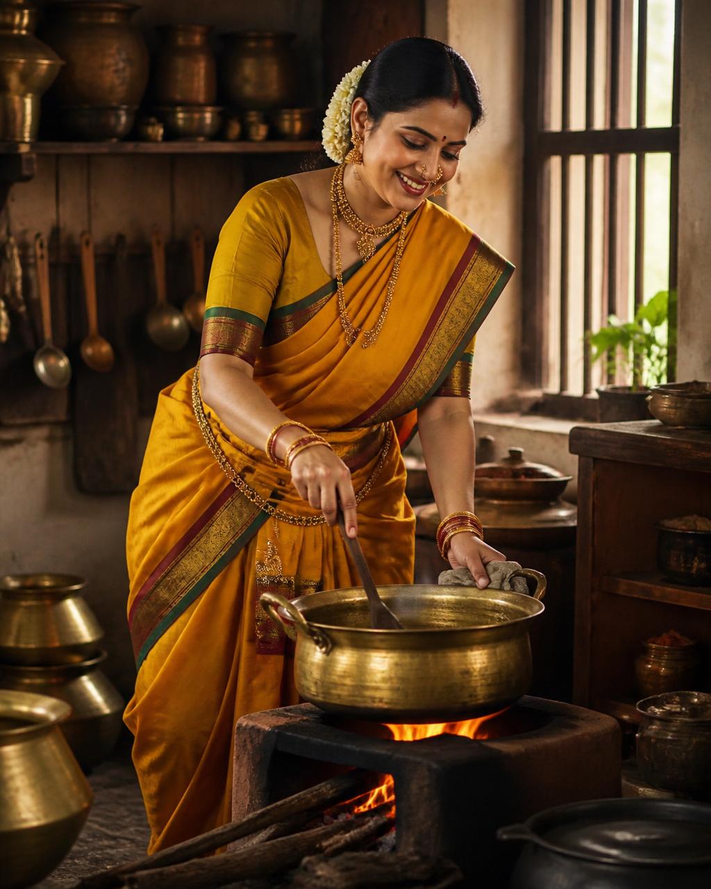 Smiling Brahmin lady in a cream and gold saree joyfully cooking in a brass vessel