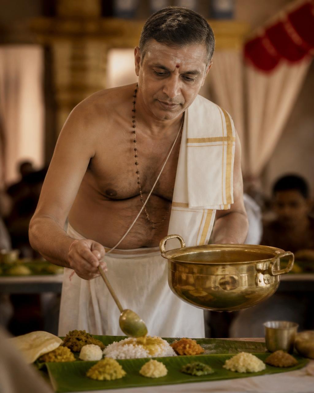 Traditional South Indian priest serving a banana leaf feast