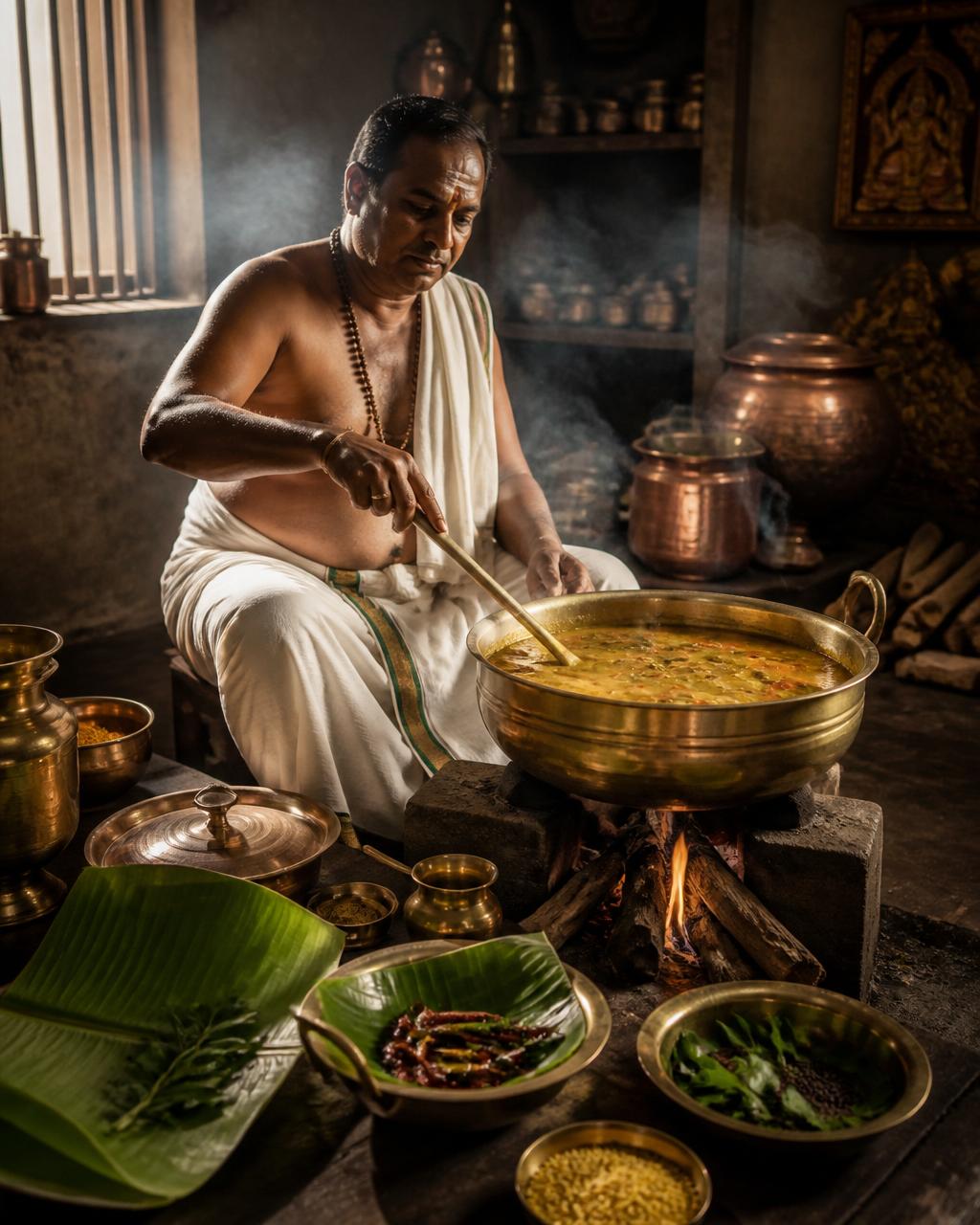 Traditional South Indian cook stirring sambar in a brass vessel over a wood fire